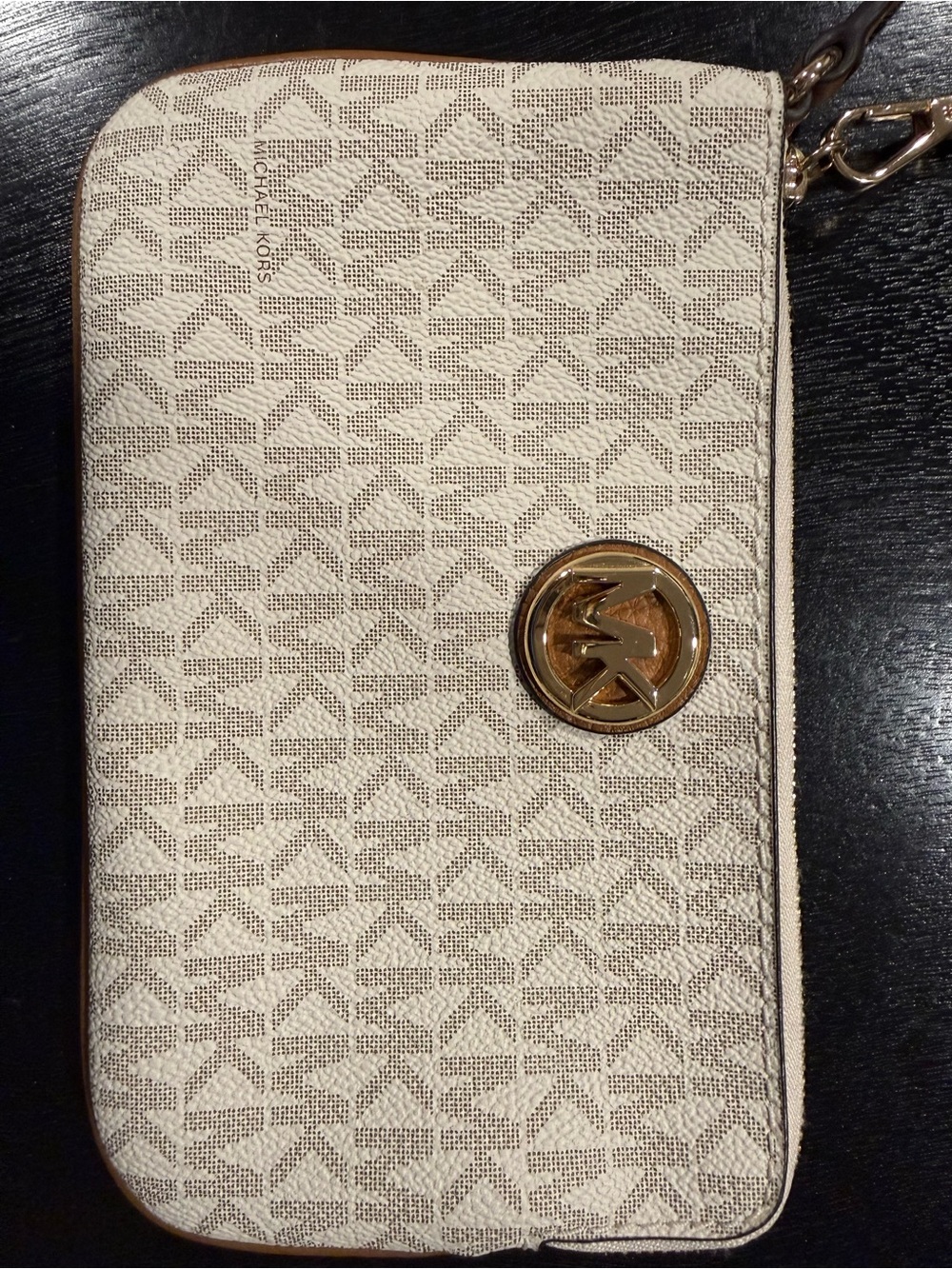 Michael Kors Cream/Beige MK Logo Wristlet with Gold Hardware